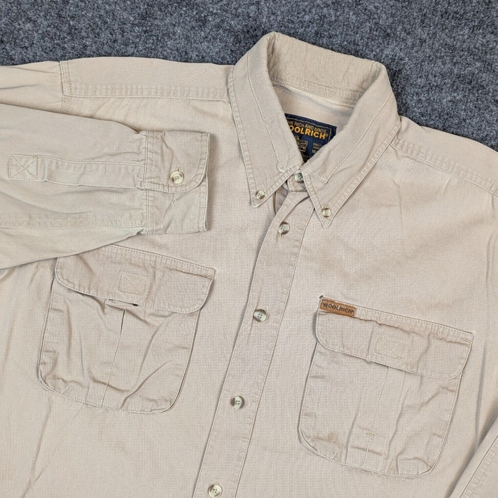 Woolrich John Rich & Bros Mens L Tan Cotton Canvas Button Down Work Shirt Stains